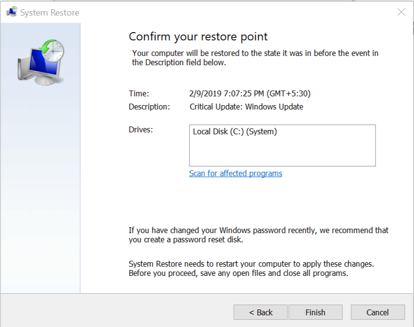 Confirm your System Restore point certificate wireless network