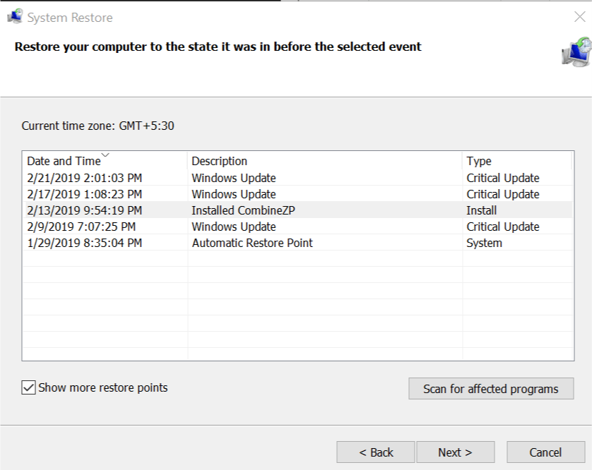 System Restore Point Select Windows can't find certificate