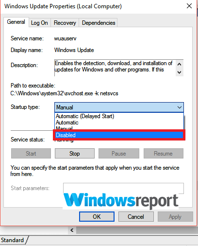 startup type disabled Windows always needs to update