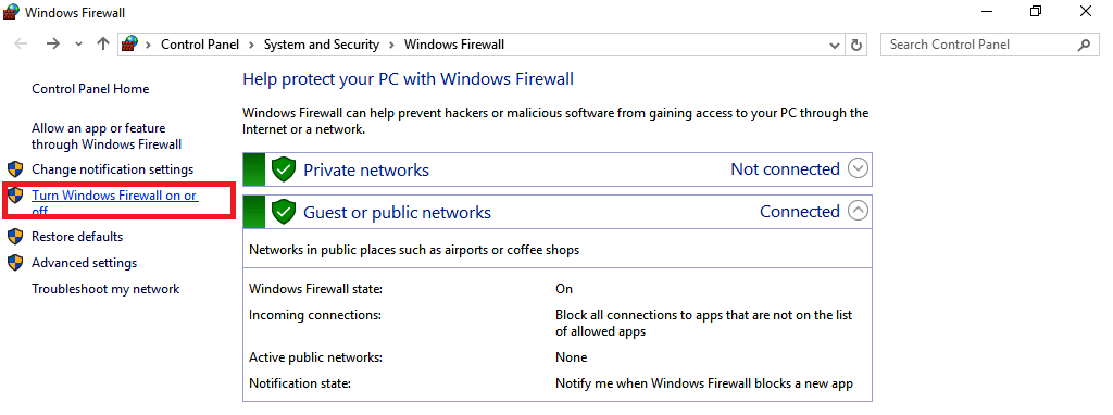 turn windows firewall on or off unable to reach adobe servers