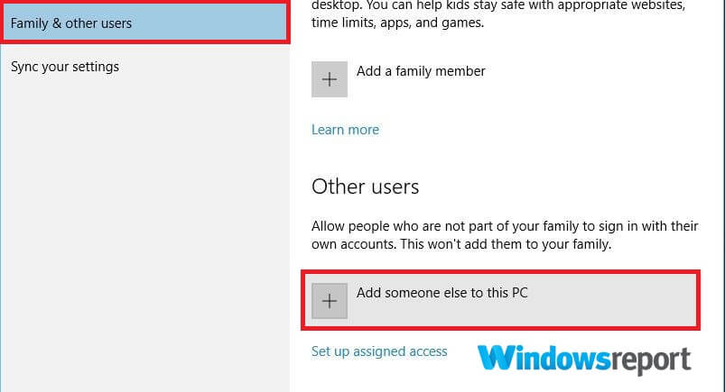 add someone else to this PC The user account you are using does not have permission to disable this task