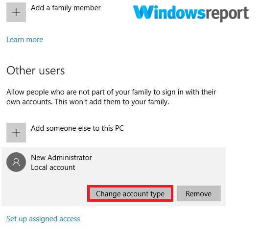 change account type user account cannot be used