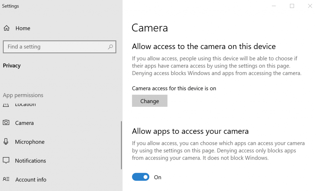 Allow Camera Access Windows 10 Privacy Setting camera error