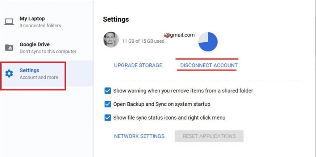 Backup and Sync crashes Backup and sync Google Drive Settings Disconnect Account