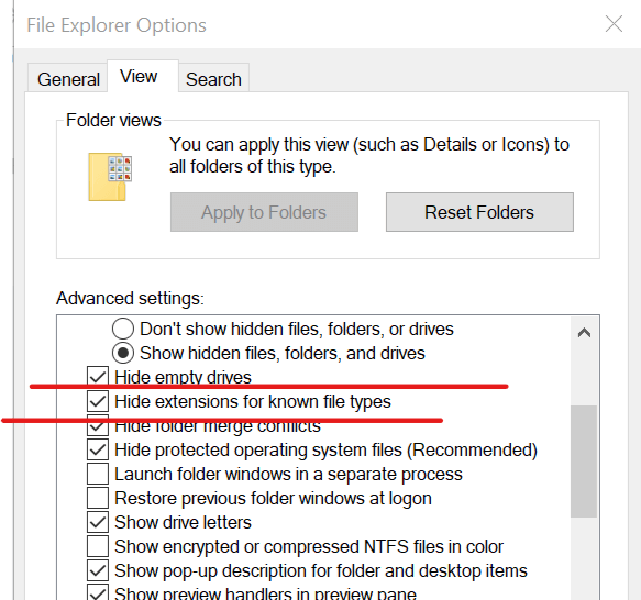 File Explorer Options - Hide extension for known file types error 0xfffd0000