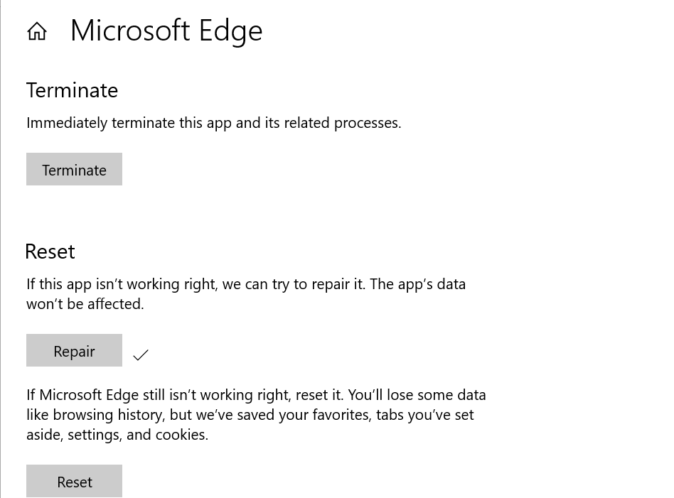 Reset - Terminate- Repair Microsoft Edge Something went wrong with your extension