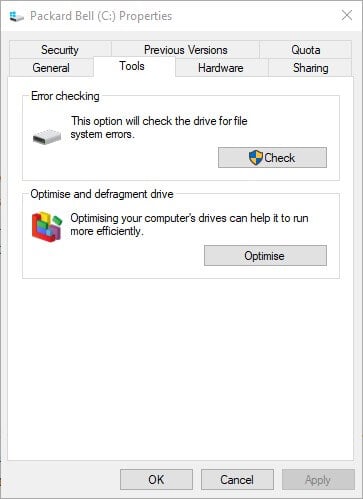 hard drive properties tools tab error 0x80070780