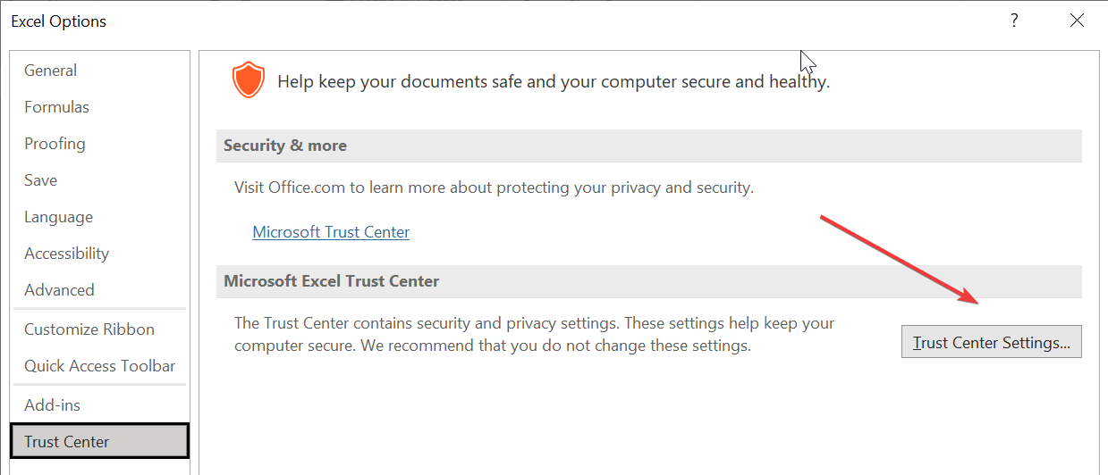 trust center settings microsoft excel