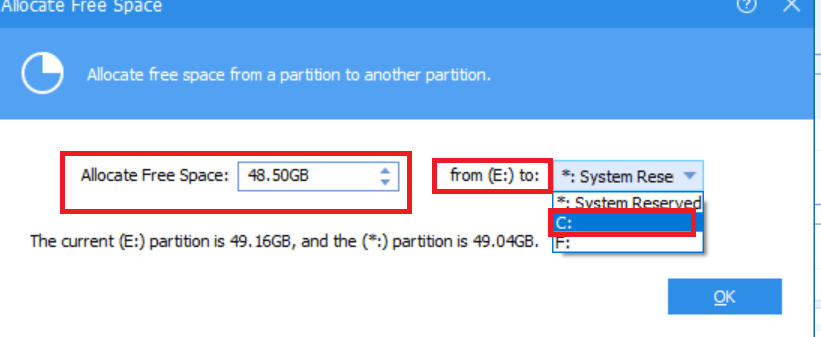 AOMEI Partition - Allocate Free Space- D to C