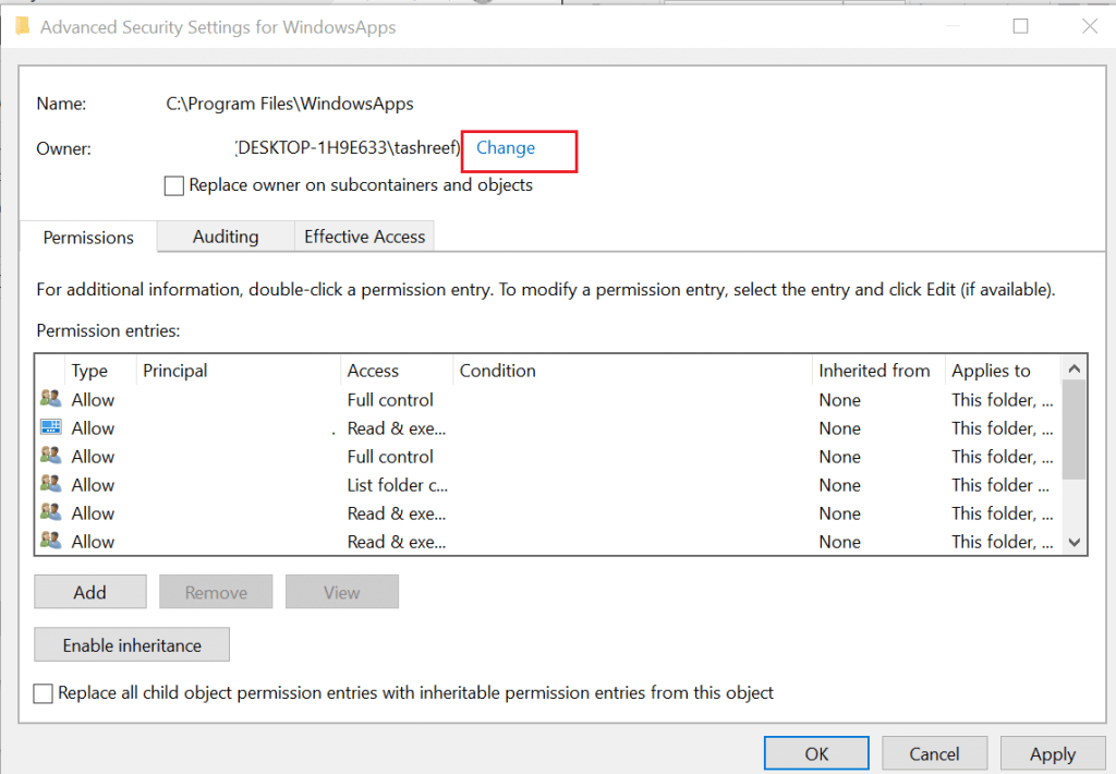 Cambiar permisos El usuario de la carpeta WindowsApps no tiene un error de perfil válido