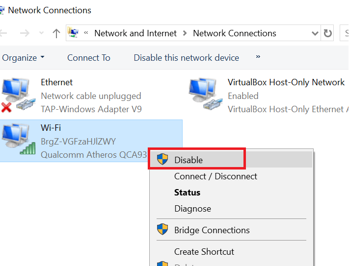 Disable Network Adapater - Windows 10