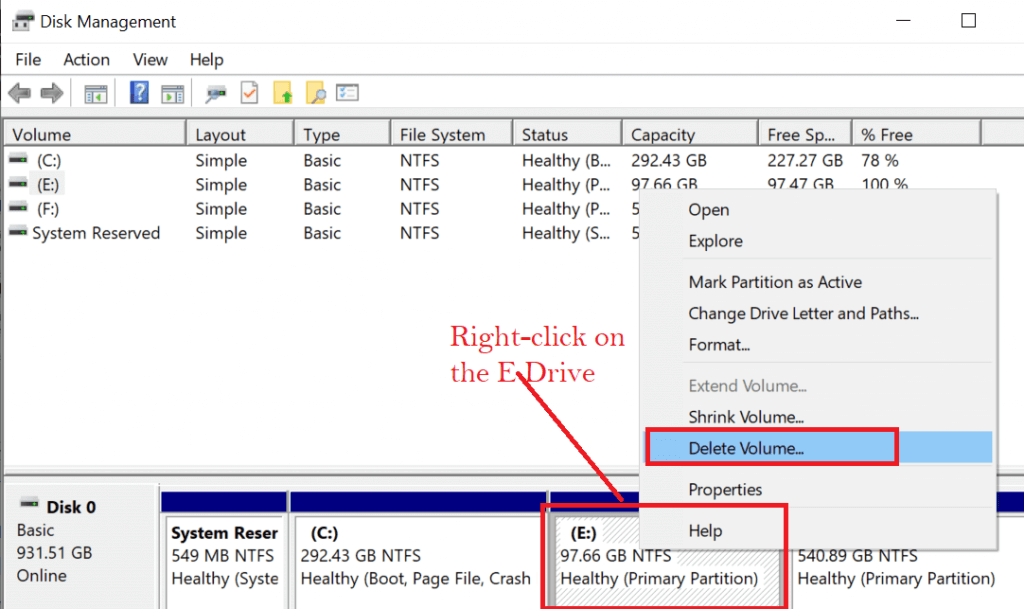 Disk Management tool - Delete E Drive