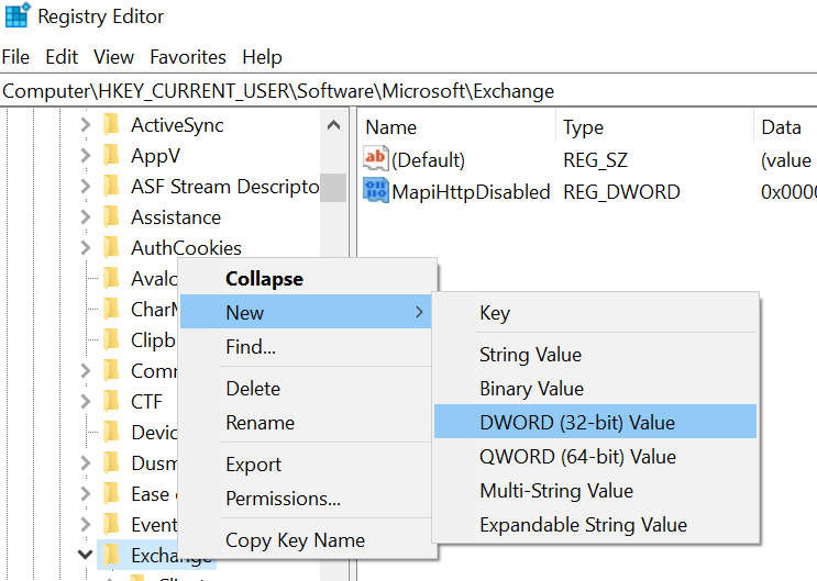 Exchange New Key DWORd outlook couldn't save your account settings