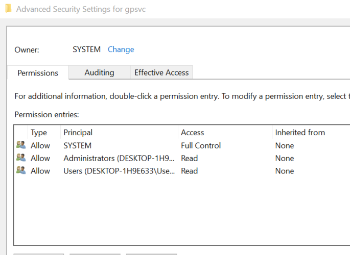 GPSvc Change permission owner Advanced - Change owner link The group policy client service failed the logon 