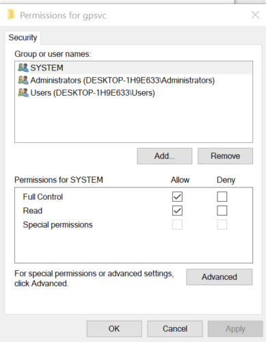 GPSvc Change permission owner Advanced The group policy client service failed the logon 