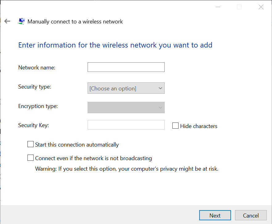 enter information for the wireless network Windows can't find certificate