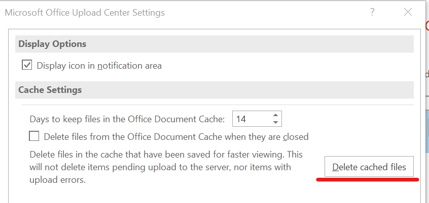 Microsoft Upload Center - Delete Cache An error occurred when accessing the Office Document Cache 