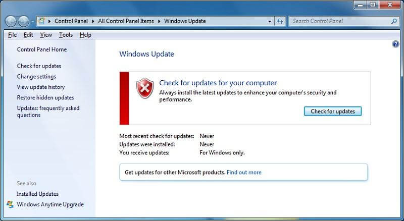 Never check for update - Windows 7 - change settings