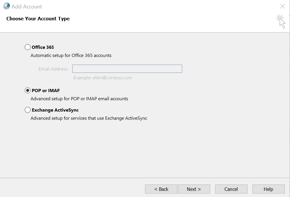 Outlook choose the type of account something went wrong