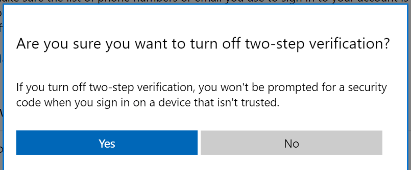 Outlook two step verification off- sure - Yes