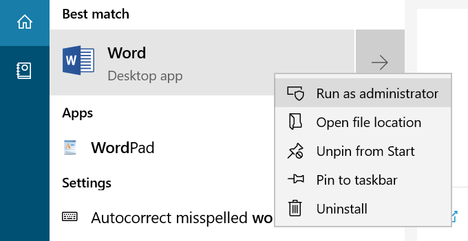 Exécuter MS Office Word en tant qu'administrateur