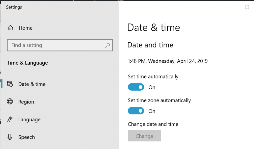 Set Time Zone and Date - Windows 10