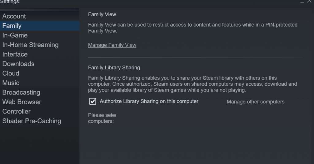 Steam - Setting - Family - Manager Other computer