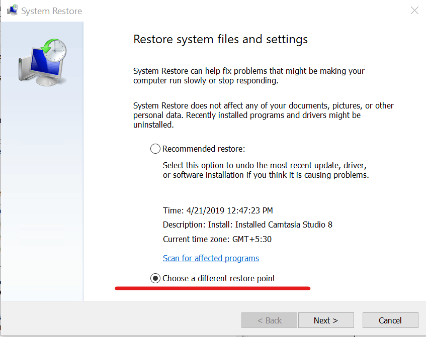 System Restore - Choose a different REstore Point