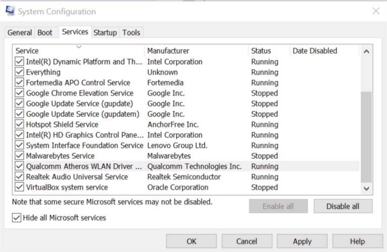 System configuration - Disable - Enable service1s