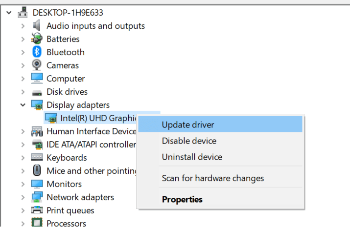 Update Intel UHD Graphic Display Adapter Driver fatal error