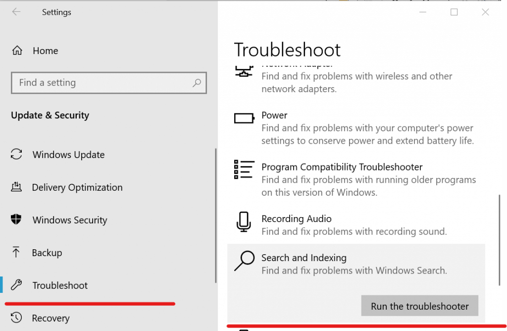 Windows Troubleshoot Search and Indexing