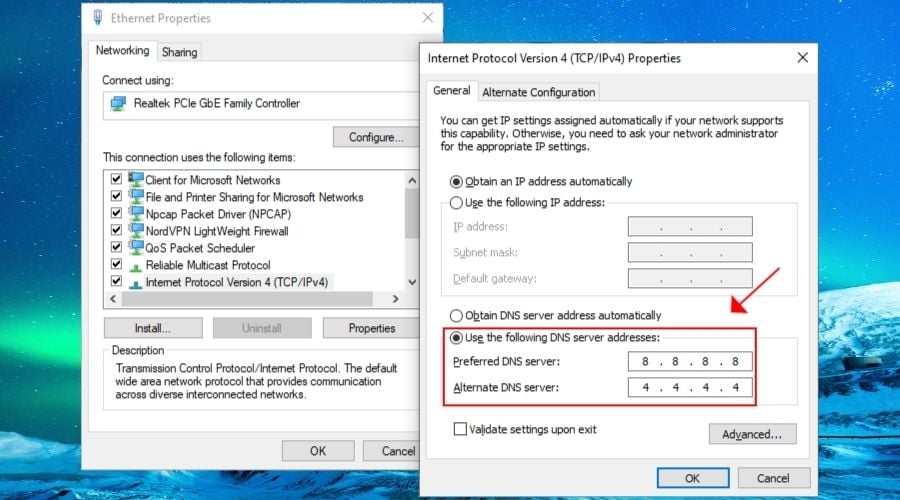 Use the following DNS server addresses in Windows