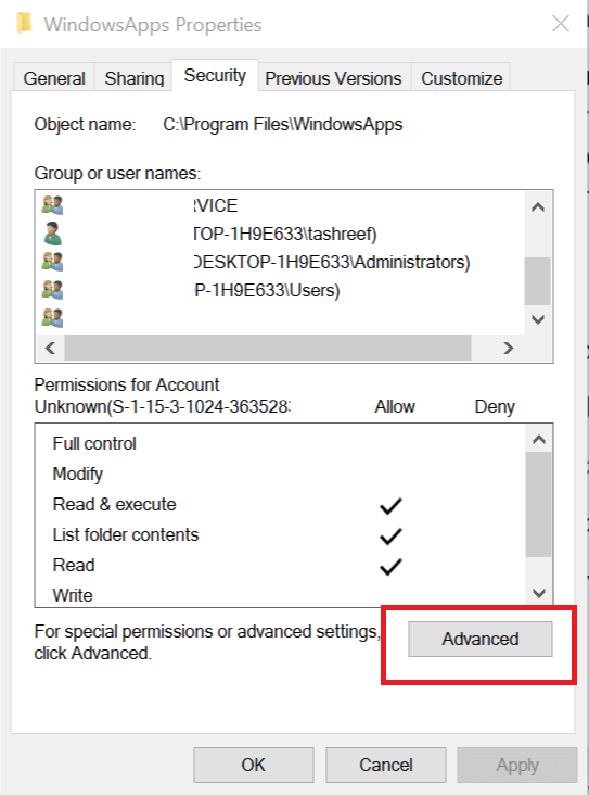 WindowsApp Folder Properties valid profile error