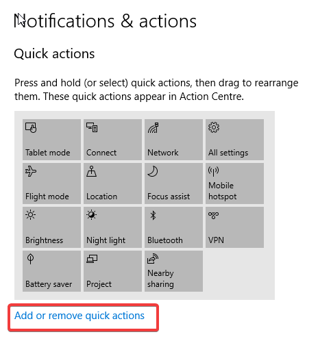 windows 10 add or remove quick actions settings