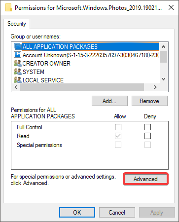 advanced permissions file system error