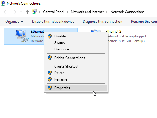 properties network connections windows 10 unable to access shared folder