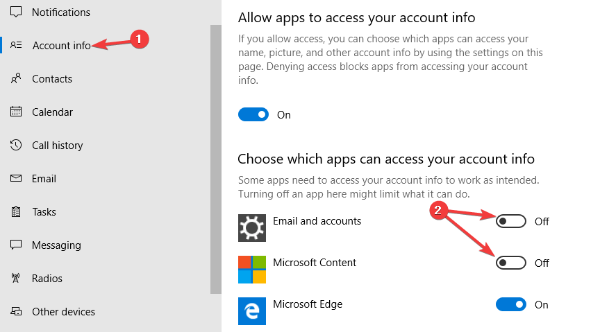 choose apps to access your account info Windows credentials could not be verified