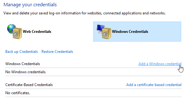 add a windows credential shared folder can't access
