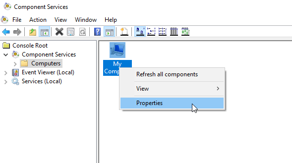 component services properties enumerating user sessions to generate filter pools failed windows 10