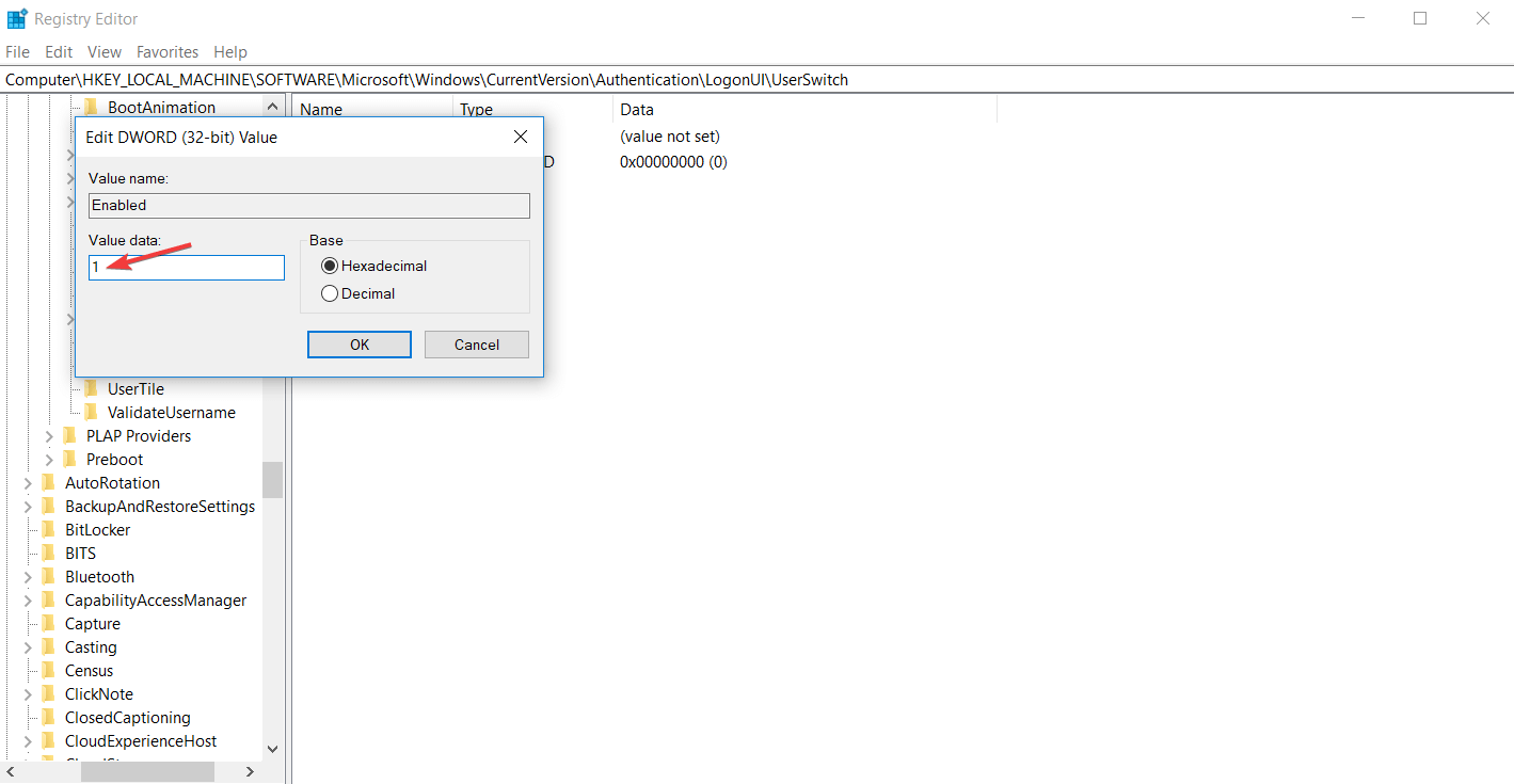 registry editor enabled 1