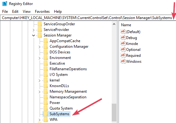 windows 10 registry editor subsystems