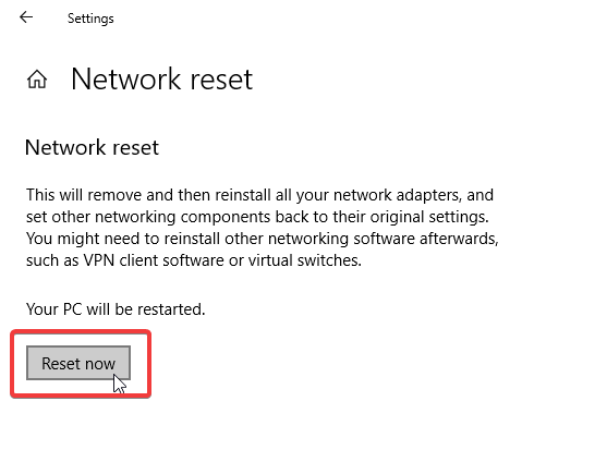 Network reset Reset now 