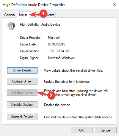 roll back driver audio renderer error windows 10