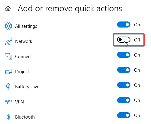 windows 10 network quick actions enable