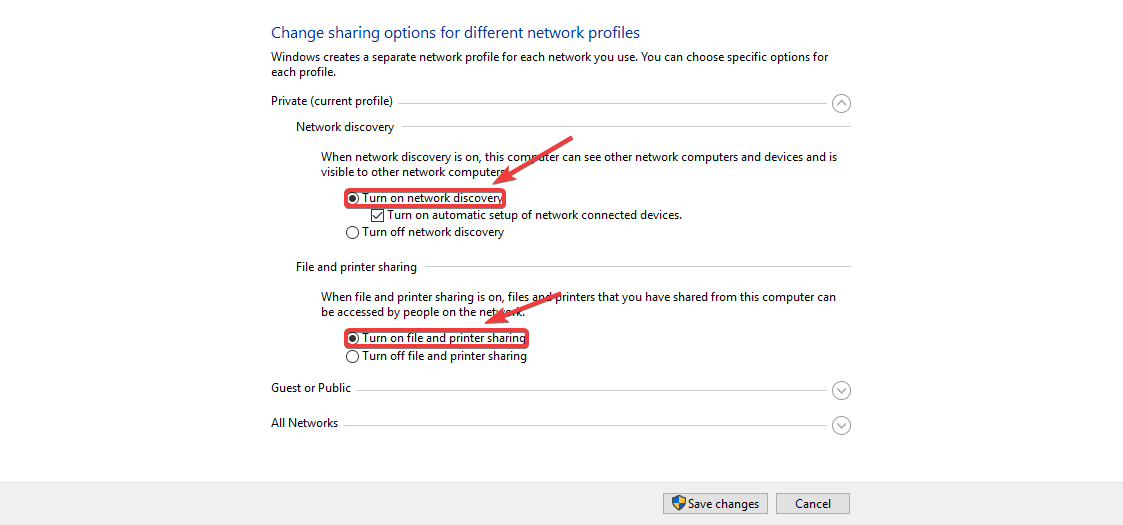 turn on network discovery change advanced sharing settings