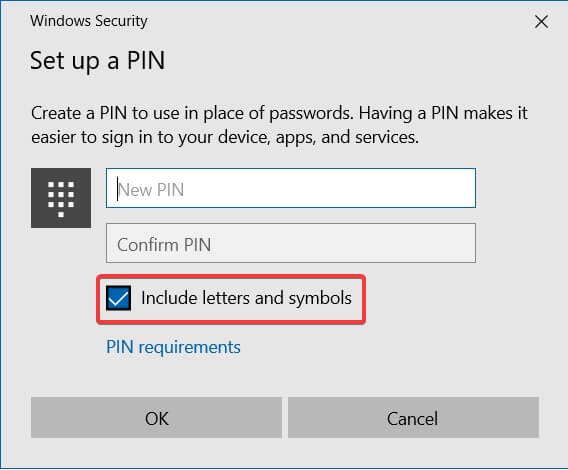 include letters and symbols set up a  PIN windows 10 asking to setup a pin