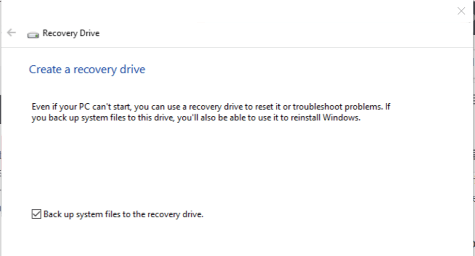Create a Recovery Drive Windows 10