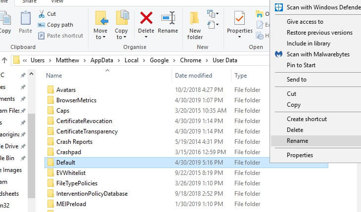 rename default folder chrome appdata