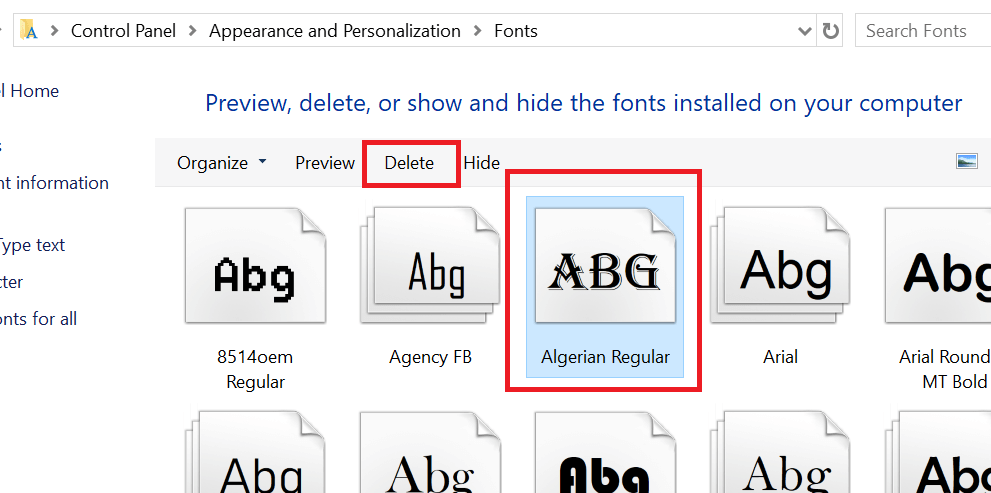 Delete Font Control Panel