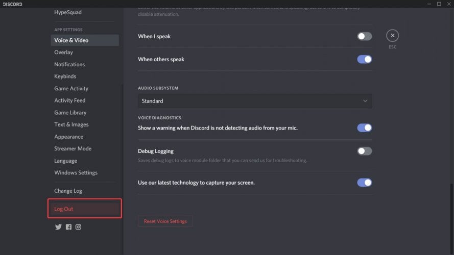 discord log out mic not working